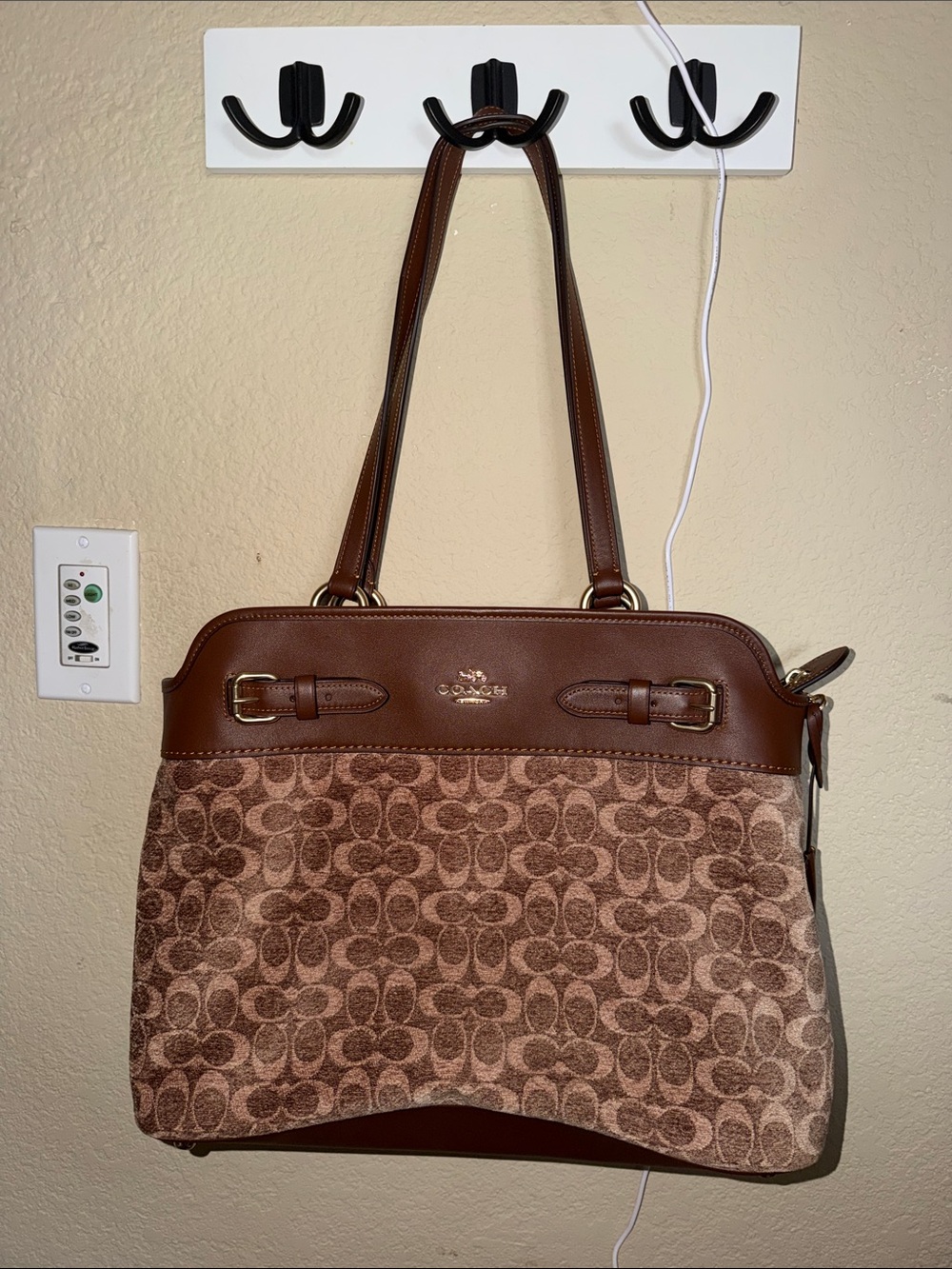 Coach Brown Signature Canvas Shoulder Bag with Dark Brown Leather Trim